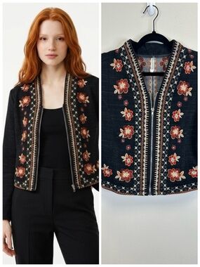 Embroidered Charcoal Jacket Floral Size S Zip Up Stretch Boho Folk Artsy Hippie